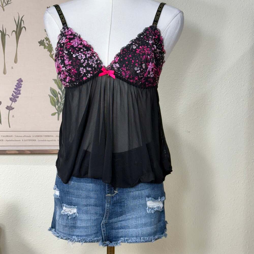 Y2k BCBG Black Pink Sheer Mesh Babydoll Cami Top Rave Party Trashy Sexy Gyaru M